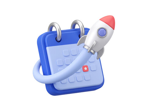 3D Rocket with a Red Nose Cone, Silver Fins, and a Round Porthole Launching from a Blue Ring-Bound Calendar with a Red Star Date Marker and a Light Blue Looping Trail