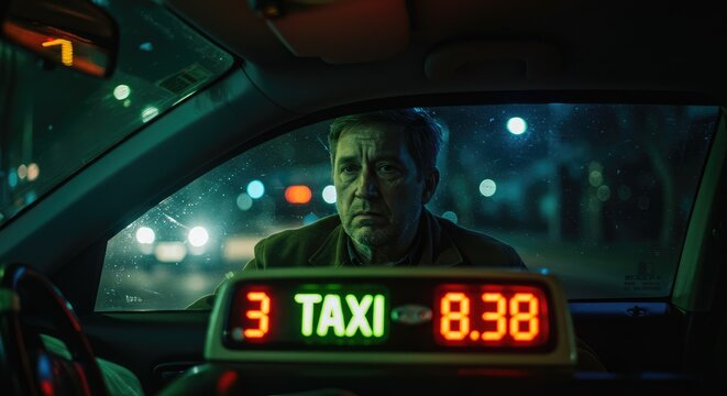 Taxi driver holding fare sign inside illuminated vehicle at night