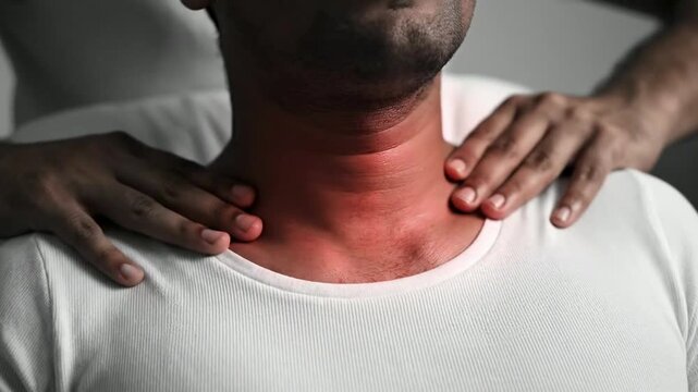 Neck and throat massage treatment with red glow highlight for pain relief and health care therapy concept