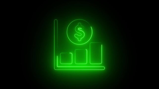 Glowing green neon financial chart graph with dollar currency symbol and rising bars an bright featuring bar charts