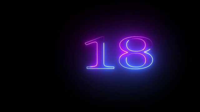 Glowing neon number eighteen sign with blue and purple light a outline of the set against a deep black background