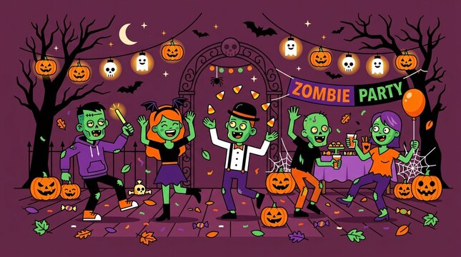 Zombies Dancing at Halloween Party Illustration