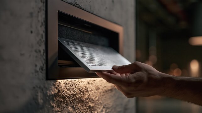 Hand opening perforated metal letterbox flap on concrete wall. Close-up of hand at mail slot in building facade. Mail delivery and correspondence concept. Home entrance, communication