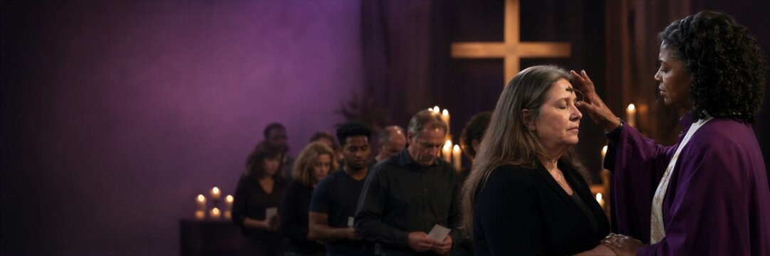 Woman priest applying ash cross on forehead of praying woman during Ash Wednesday service in church. Christian congregation waiting in line with candles.