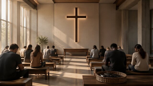 People praying in modern minimalist church interior with wooden cross on wall. Group of men and women sitting on benches during worship service.