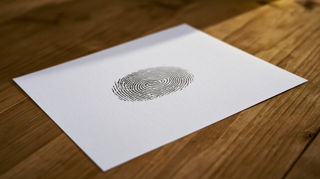 Close up of a fingerprint print on a sheet of paper resting on a wooden surface