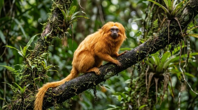 Golden Lion Tamarin on Mossy Forest Branch
