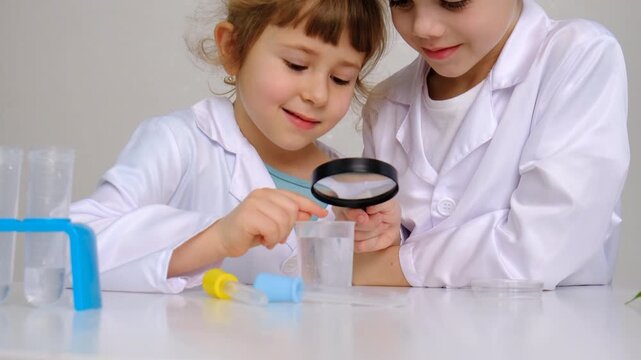 Laboratory examination of a child with test tubes, reagents and a microscope. Selective focus.