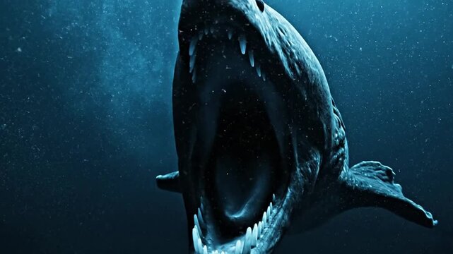 Terrifying white shark swimming in deep ocean water and opening its massive mouth with sharp teeth to attack