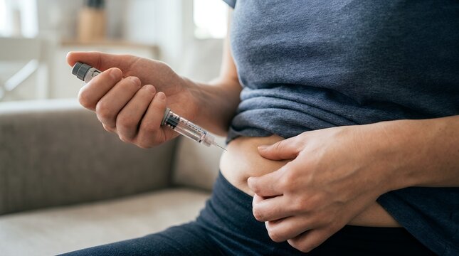 Diabetes insulin injection in stomach, woman using medical injector pen for subcutaneous treatment, patient administering medication at home