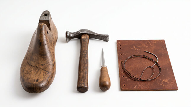 Vintage shoemaker tools with wooden shoe last hammer awl and leather sheet isolated on white background, traditional shoemaking craft and cobbler concept