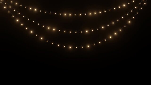 3D render glowing golden Christmas string lights hanging in decorative garlands with twinkling bulbs against a black background, creating festive holiday celebration motion.