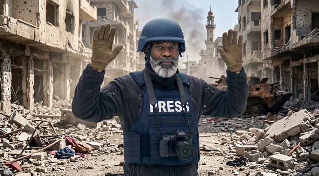 War correspondent photojournalist with press vest and helmet holding hands up in ruined city, freedom of press human rights and conflict zone reporter concept