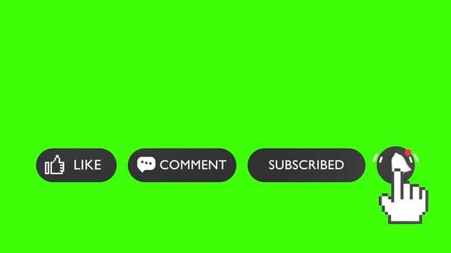 like comment and subscribe buttons with notification bell, video and content creators, green screen background