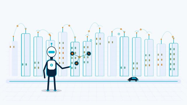 Smart city animation with ai robot managing connected infrastructure, io t network, and automated systems concept in modern urban environment also transparent background