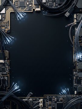 Circuit board fragments with fiber optic cables forming a dark frame with central copy space for technology and data communication concepts