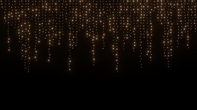 3D render golden Christmas string lights hanging in a curtain, shimmering and twinkling with warm radiant bokeh against a dark black background for holiday season overlays.