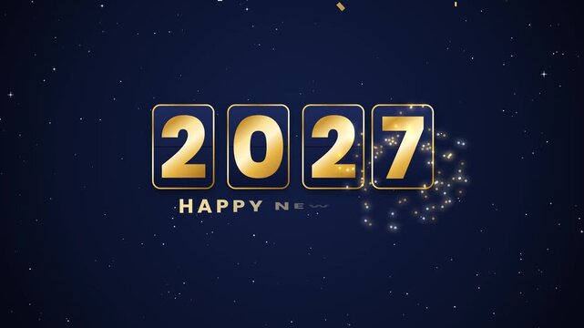 Rolling number counter changing from 2026 to 2027, odometer digits flip transition with gold confetti on blue background, Happy New Year countdown motion graphics in 4K