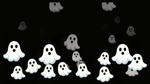 Spooky cartoon ghosts floating across dark background in motion video footage for halloween seasonal design projects