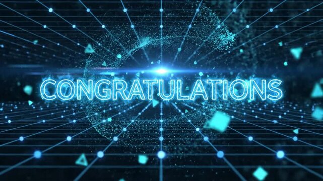 Neon blue congratulations text on futuristic digital cyber grid background, with glowing particle, motion for success, and celebration