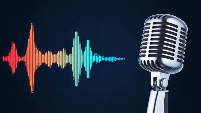 Retro vintage microphone with animated colorful equalizer audio waveform background, for music production, and podcasting