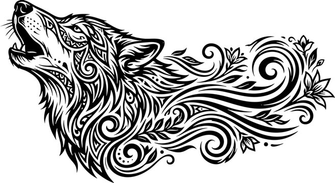 Stylized Howling Wolf Illustration with Intricate Floral Patterns