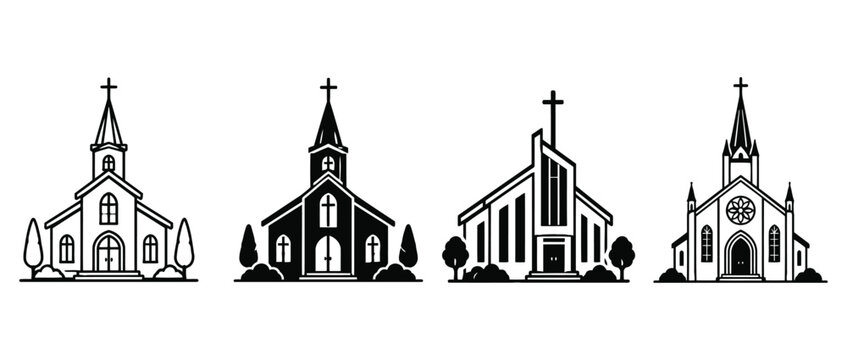 Set of four church building silhouettes icons featuring diverse architectural styles of christian places of worship religious building place of worship cathedral icon building