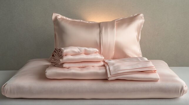 Soft pink silk bedding set with pillowcase and folded sheets on a bed