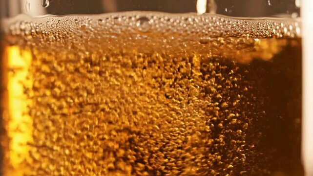 Golden beer pouring in glass macro shot with effervescent bubbles, foam and refreshing alcoholic beverage action