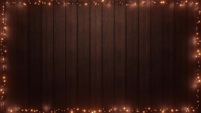 3D render twinkling warm Christmas fairy string lights softly glowing around a rustic dark wood plank border. Sparkling festive illumination creates an elegant holiday motion backdrop.
