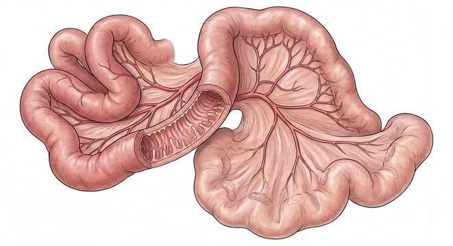 Medical illustration showing human small intestine loops and blood ves