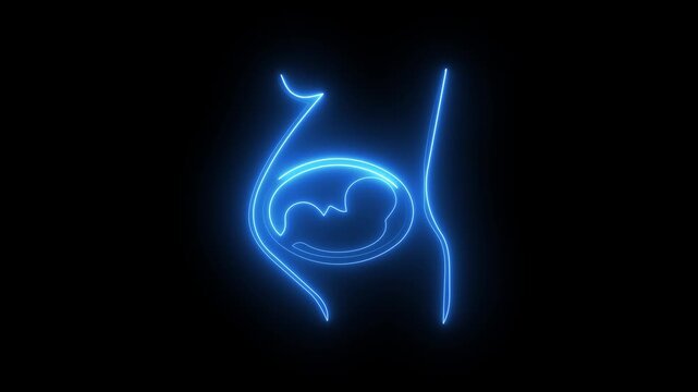 Blue neon pregnancy icon on dark background, glowing pregnant woman fetus belly maternity symbol.
