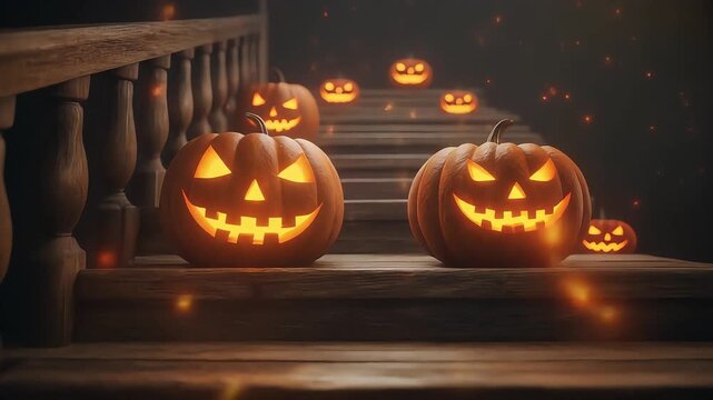 Glowing jack o lanterns illuminating wooden stairs during spooky halloween night in this motion video footage clip