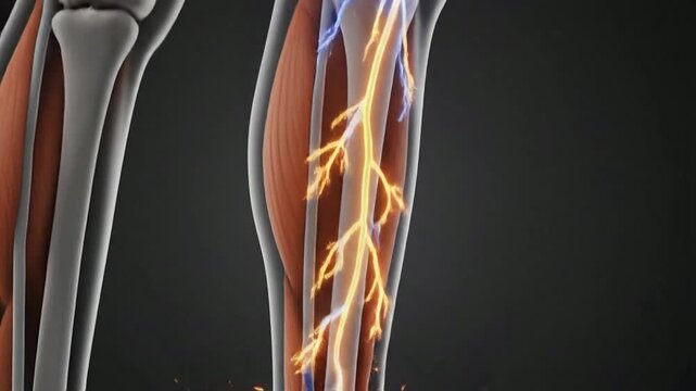 3D medical animation of human sciatic nerve pain, sciatica inflammation and neurological discomfort traveling down leg and foot