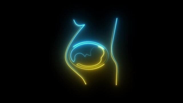 Yellow and blue neon pregnancy icon on dark background, glowing pregnant woman fetus belly symbol.