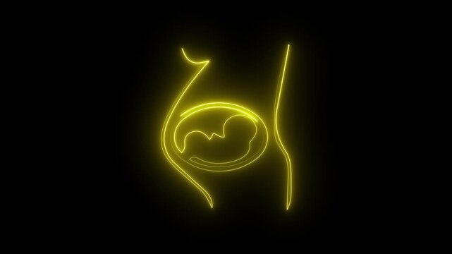 Yellow neon pregnancy icon on dark background, glowing pregnant woman fetus belly maternity symbol.