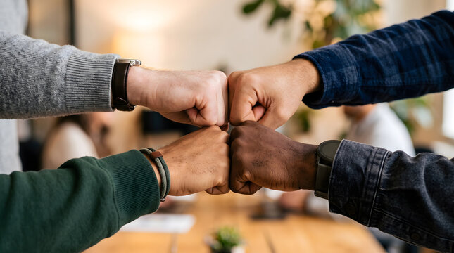 Four Diverse Hands Meeting in Fist Bump Showing Unity and Teamwork With Blurred Modern Office Background
