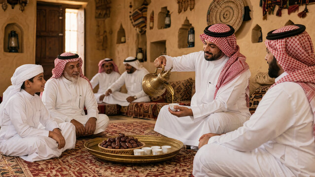 Arab man in traditional white thobe pouring coffee from brass dallah for family members sitting on floor cushions