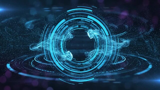Futuristic hud cyberpunk circle animation with glowing blue particle waves and digital sci-fi interface