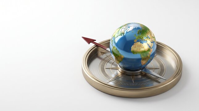 Glossy globe planet earth resting upon a detailed metallic navigational compass featuring a bright red pointing directional arrow against a minimalist white studio background