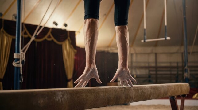 Acrobat doing handstand on balance beam in a circus. Circus performer training on apparatus