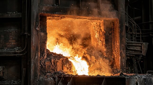 Blast furnace interior glowing with hot molten metal and sparks. Heavy industrial steel manufacturing process