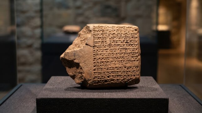 Broken clay tablet with cuneiform script on a display stand in a museum. Ancient Mesopotamian artifact