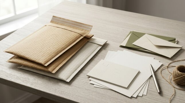Bubble mailer envelope and stationery on a light wooden desk. Postal packaging and letter writing flat lay