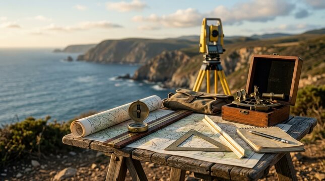 Cartographer tools map navigation and surveying equipment on a wooden table. Coastal landscape view