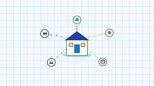 Smart home automation and io t network concept animation featuring connected appliances, cloud data sync, and wireless security systems on blue grid background, also transparent background