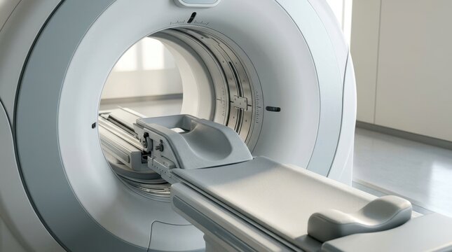 CT scan gantry and patient positioning table in a modern hospital radiology department. Advanced medical imaging technology