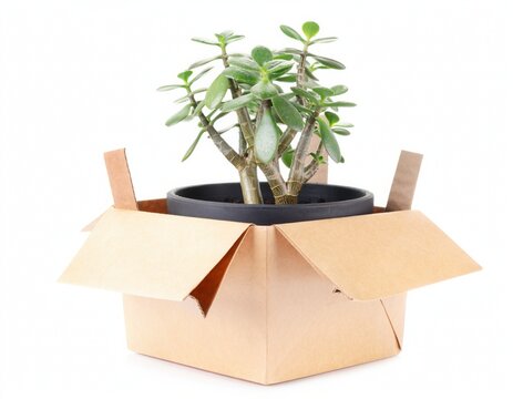 A small green jade plant in a black pot sitting inside an open cardboard box, isolated on white background