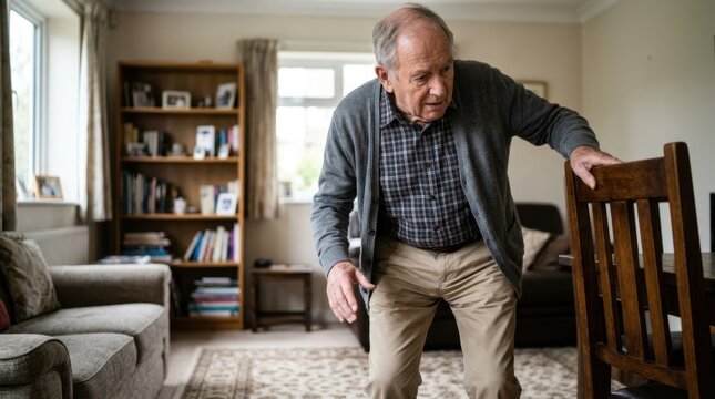 Elderly man balance problems stooped posture. Senior male holding onto a chair