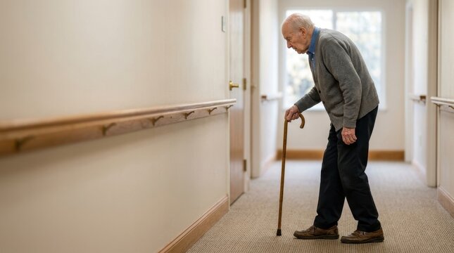 Elderly man with stooped posture walking with cane in nursing home hallway. Senior citizen mobility and balance issue